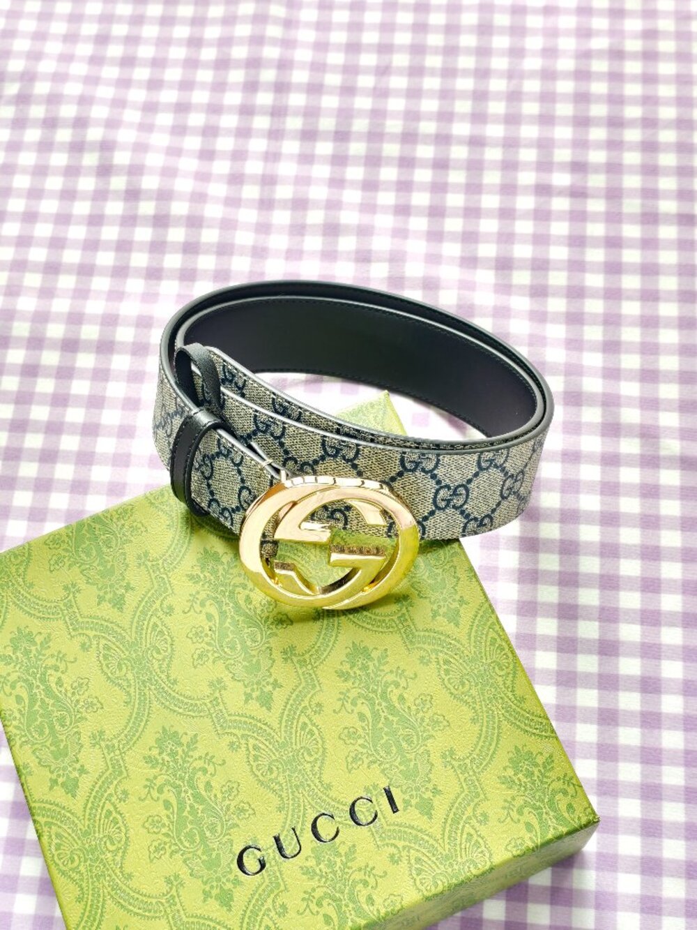 Gucci GG Monogram Belt Gold Interlocking G Buckle Size 90(36)